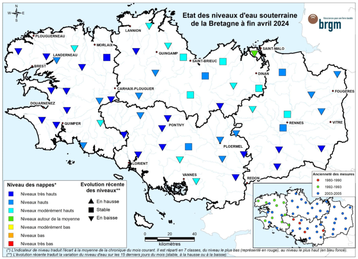 Etat des nappes d'eau souterraine de la Bretagne à fin avril 2024