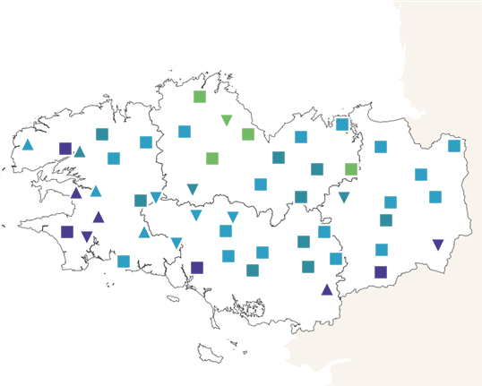 Carte du niveau des piézomètres bretons en mars 2024